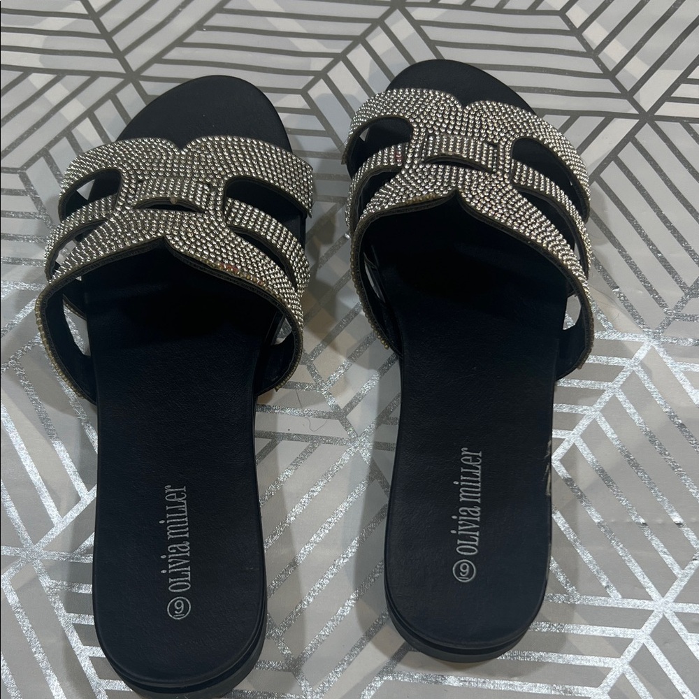 Olivia Miller Black Sandals with Silver Accents